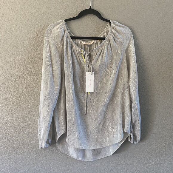 Rebecca Taylor Blouse Womens Sz 10  Cream Gray Kimono Print  Lyocell Flowy NWT - Picture 2 of 14
